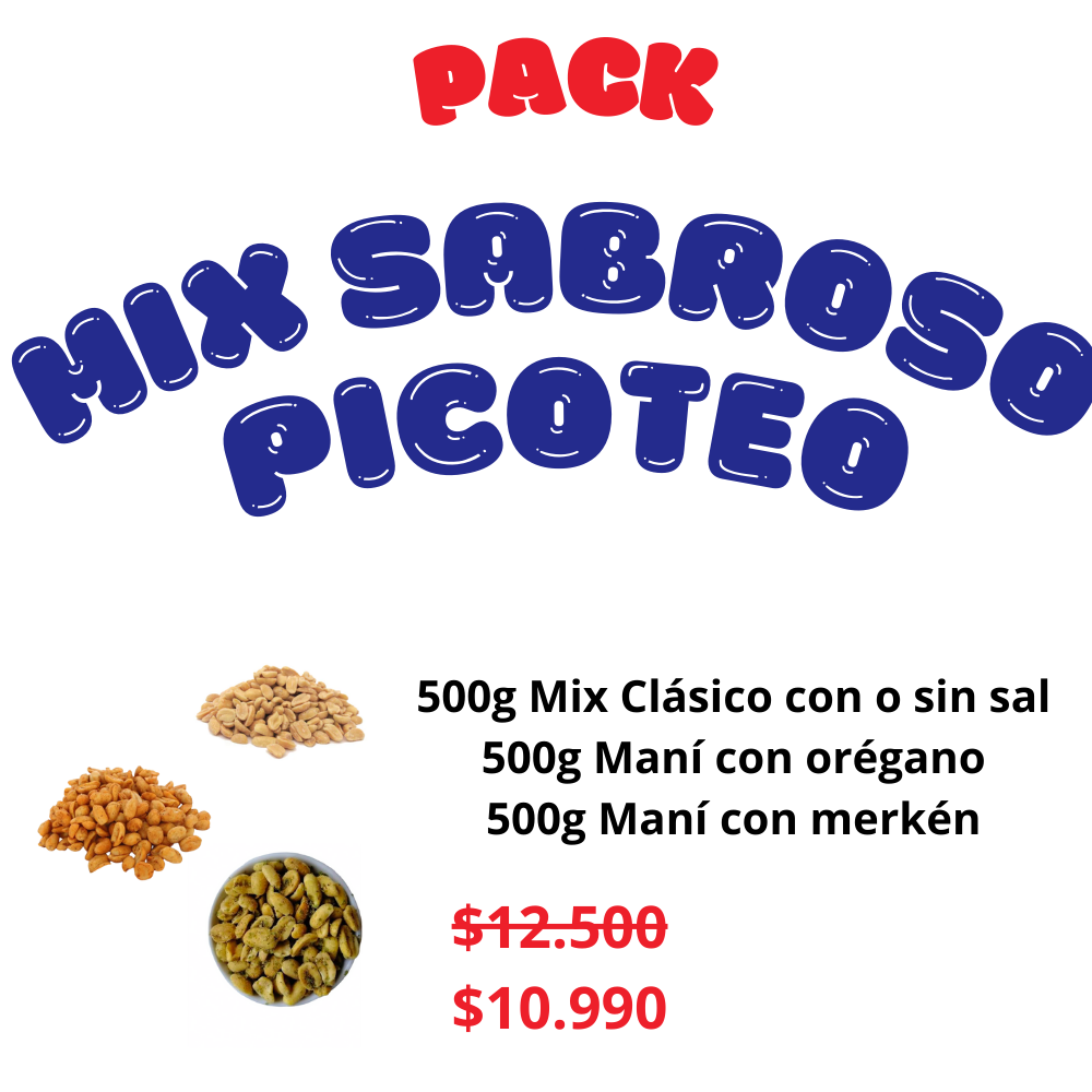 Pack Mix Picoteo Sabroso: Mix clásico con sal + Maní con orégano + Maní con merken