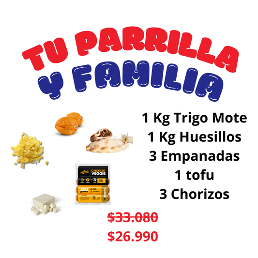Pack familiar 1 Kg Trigo Mote + 1 Kg Huesillos + 3 Empanadas+ 1 tofu +3 Chorizos